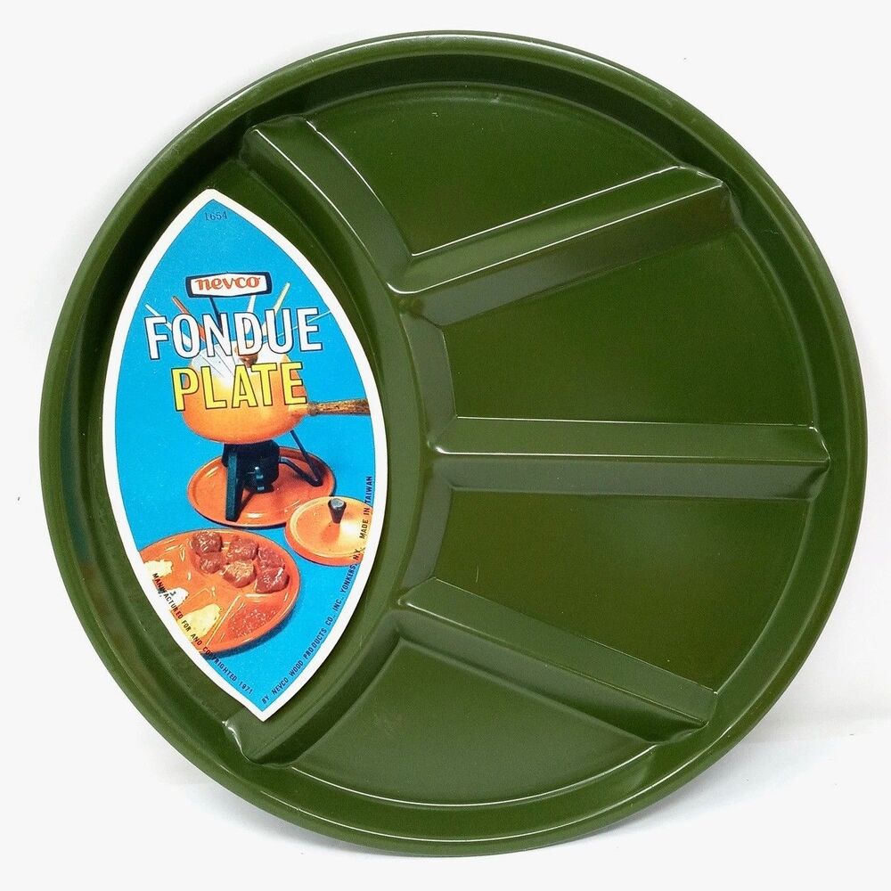 NEW Vintage 70s Nevco MCM Fondue Plates Divided Enamel 9.25" Orange & Green Set - Picture 5 of 9
